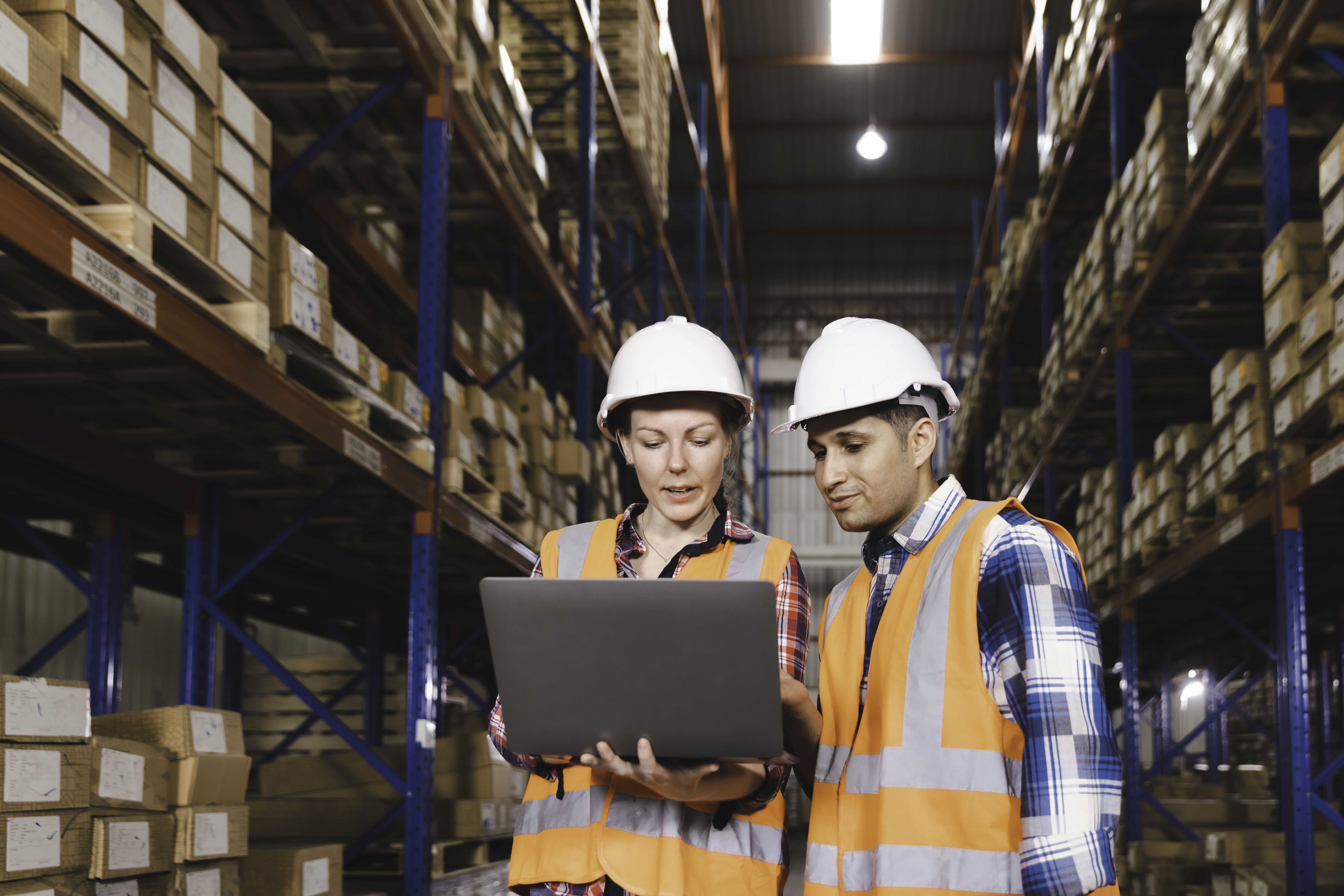 Coworkers reviewing inventory in the warehouse